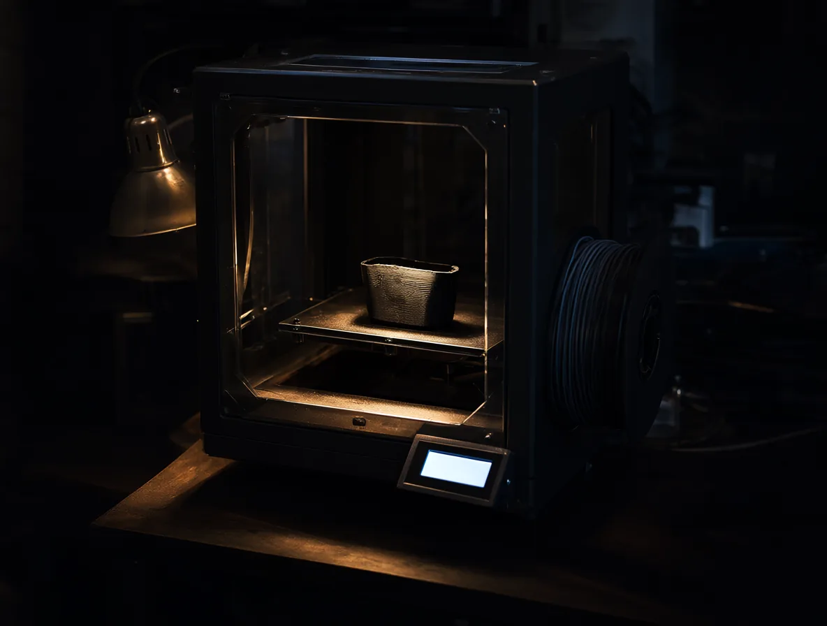 Профессиональный 3D-принтер в тёмной мастерской печатает деталь